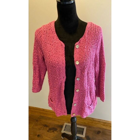 J Jill Rose Pink Linen Cotton Blend Open Weave Cardigan Sz Large Fuchsia Pink - Picture 2 of 10